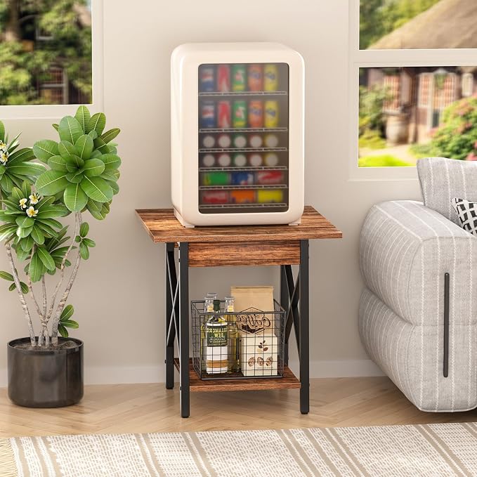 GreenForest Square End Table 24 Inch with X-Frame 2-Tier Storage | Nightstand for Living Room & Bedroom, Rustic Decor, Sturdy, Waterproof Scratchproof Top, Easy Assembly, Walnut