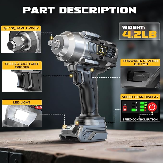Cerycose Cordless Impact Wrench Compatible with Dewalt 20V Battery, 3/8" 600Ft-lbs (800N·m), Brushless Electric Impact Driver, 2400 RPM, LED Light – Compact, Light-Duty(No Battery)