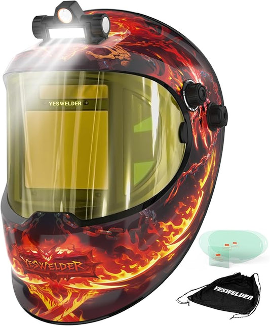 YESWELDER Auto Darkening Welding Helmet with SIDE VIEW and LED, 180° Panoramic View, 1/1/1/1 True Color Solar Powered Welder Hood, Wide Shade 3/5-9/9-13 Welder Mask for TIG MIG ARC CUT and GRIND