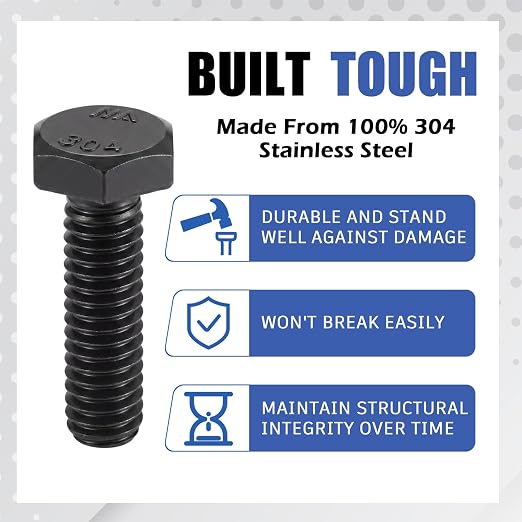 Zonon 50 Pcs 1/4-20 x 1 Hex Head Screw Bolt 18-8 (304) Stainless Steel Hexagon Bolts, Fully Threaded, Plain Finish, External Hex Drive (Black)