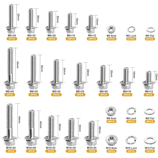 weideer 400PCS Metric Flange Bolt Assortment,M6x1.0 M8x1.25 M10x1.5 Metric Bolt Assortment,Grade 8.8 Alloy Flange Hex Nuts and Bolts Kit (12mm-45mm)