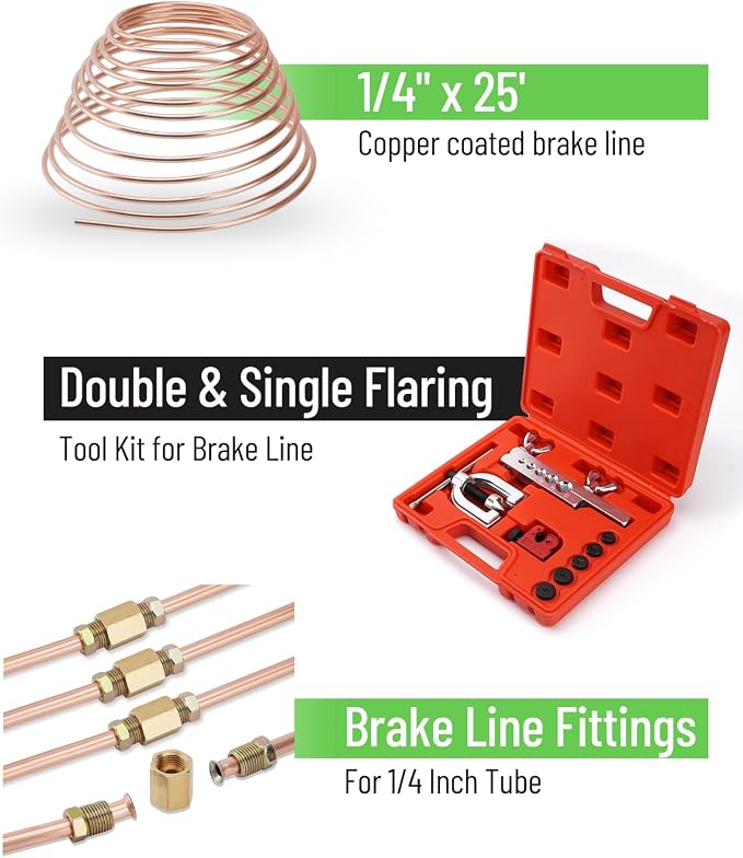 25 ft 1/4" Copper Coated Brake Line Kit (Includes 16 Fittings and 4 Unions Brake Line Fittings) + Brake Line Double & Single Flaring Tool Kit