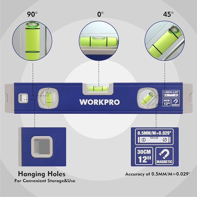 WORKPRO 3-Piece Spirit Level Set (12", 20", 40") with 12" Magnetic Torpedo Level, 45°/90°/180° Bubbles Measuring, Open Top View Design, Aluminum Alloy Levels with Carrying Bag