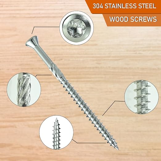 300pcs 304 Stainless Steel Deck Screws #10 x 2'' with Star Torx Drive Flat Head | Exterior Wood Structural Screws 2 Inch Rust Resistant Corrosion Resistance