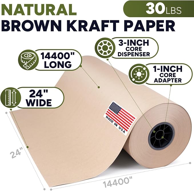 24" x 14400" (1200 feet) Natural Brown Kraft Paper Roll, 30 Lb Standard Grade – Made in USA Large Roll of Brown Wrapping Paper, 3-inch Core – for Packaging, Void Filling, Shipping, School | Made in USA Standard Grade Large Roll of Brown Wrapping Paper,...