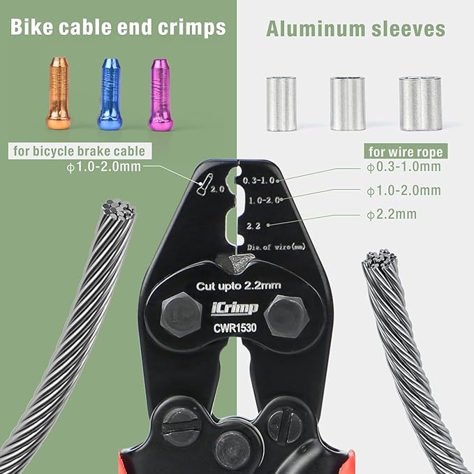 iCrimp CWR1530 Bicycle Cable and Housing Crimper with Built-in Cutter for Bike Brake and Shifting Cables, Aluminum Sleeves