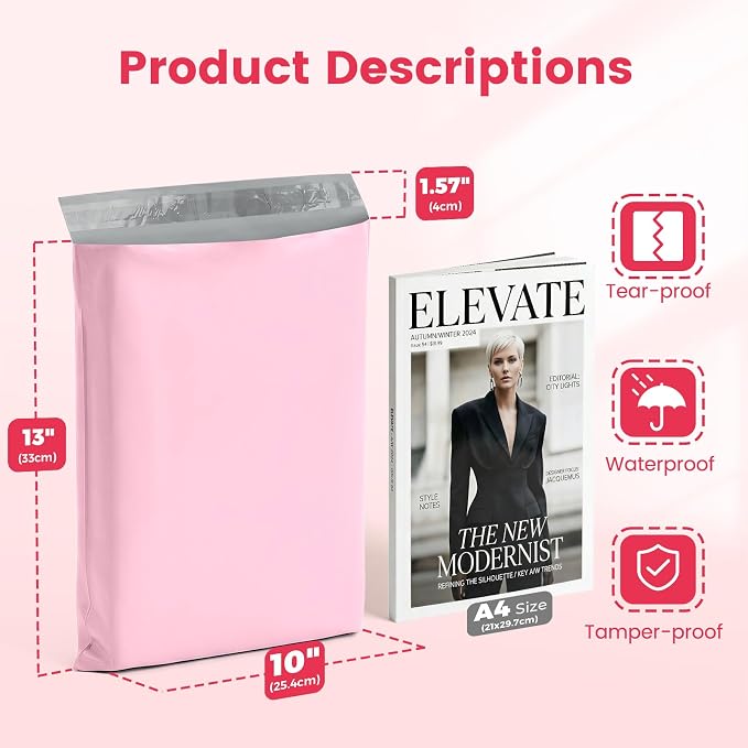 Metronic Poly Mailers 10X13 1000 Pack Bulk, Heavy Duty Self-Seal Shipping Bags for Clothing, Waterproof Medium Poly Packaging Bags for Clothing & Small Business, Light Pink