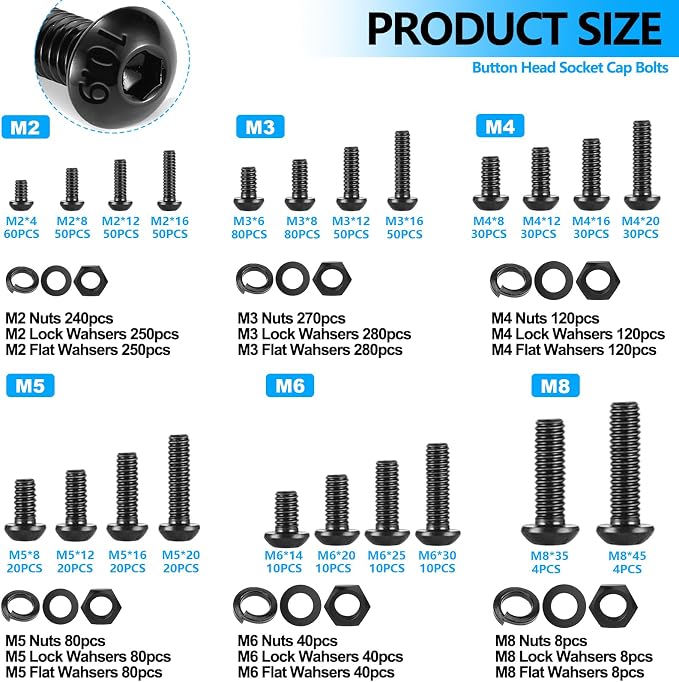 Twidec/3038PCS Metric Screw Assortment M2 M3 M4 M5 M6 M8 Machine Screws(4mm-45mm long) Grade 10.9 Button Head Hex Socket Cap Screws Metric Bolts Nuts Washer Assortment Kit Black Screws