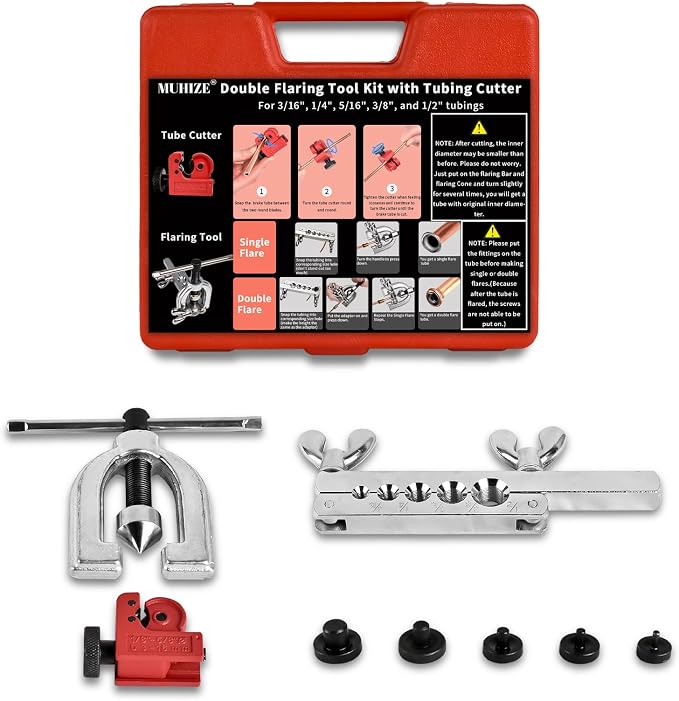 MuHize Brake Line Flaring Tool Kit – 3/16 Inch 25 ft Copper Brake | Double Flaring Tool with 16 Fittings and 4 Unions for Brake Lines, Corrosion Resistant