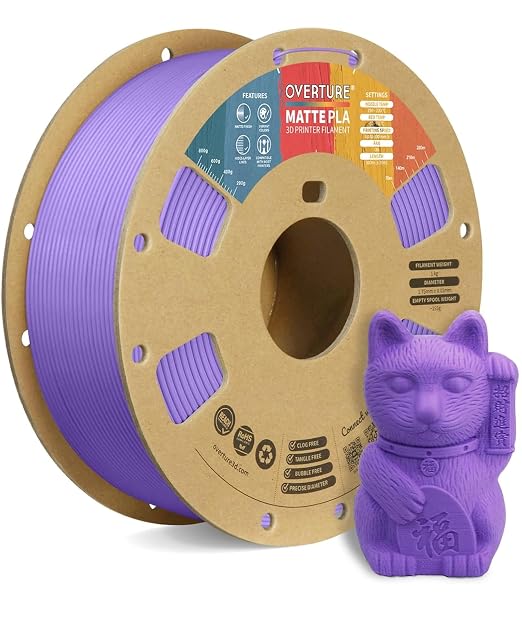 OVERTURE Matte PLA 3D Printer Filament 1.75mm, Matt Surface & Low Warping Filament 1kg Spool (2.2 lbs), Accuracy +/- 0.02 mm, Fit Most FDM Printers (Matte Purple) | Frosted Matt Finish Hides Layer Lines, 1kg Spool (2.2lbs) Cardboard Spool, Fit Most FDM...