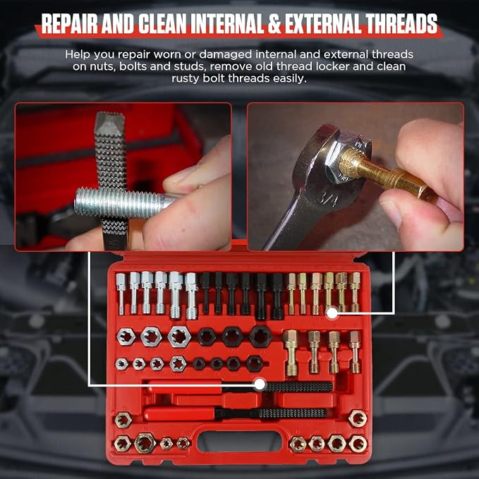 Thread Chaser Set 48PCS Thread Repair Tool Kit UNC/UNF/Metric Thread Chaser Rethreading Kit Anti-rust Thread Restorer Kit with 24 Dies, 22 Taps and 2 Thread Files with Detachable Cap, Tap And Die Set