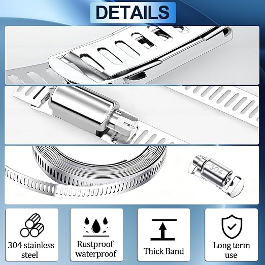304 Stainless Steel Hose Clamp Assortment Kit,DIY 12FT Metal Strap + 8 Stronger Fasteners,Adjustable Large Worm Gear Hose Clamps Screw Clamps for Pipe,Duct,Tube,and Fuel Line