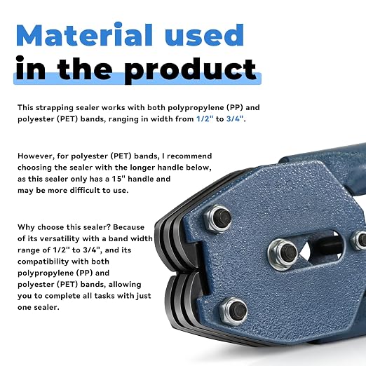 Strapping Sealer/Crimper for 1/2"-3/4" Polypropylene (PP) Polyester Strapping Band Manual Banding Tool with 20.5" Extended Handle (Blue)