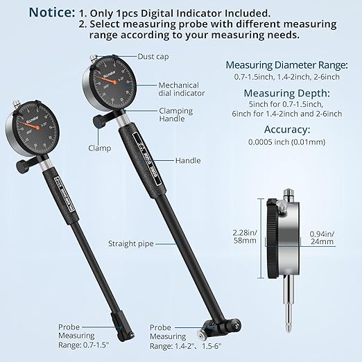 Dial Bore Gauge 0.7"-6"/0.0005" Measuring Range and 6" Measuring Depth Mechanical Dial Bore Gauge 23PCS Anvils Chrome Plated Handle for Engine Cylinder,Bearing,Hydraulic Cylinder Measurement