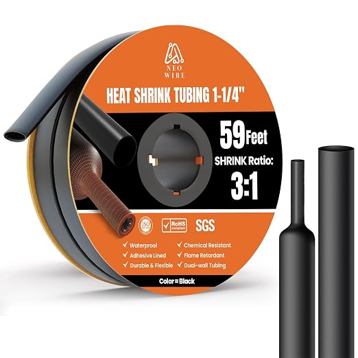 Heat Shrink Tubing 1-1/4", (30mm) 3:1 Ratio Shrink Tube Industrial and Marine Grade, Dual Wall Adhesive Lined Wire Shrink Wrap Tubing, 59 Feet Roll