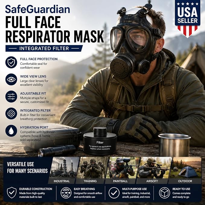 Full Face Respirator Mask with 40mm Filter – Anti-Fog Panoramic Lens, Soft Silicone Seal, Adjustable 5-Point Head Harness, Hydration Port Compatible, Full Face Protective Mask