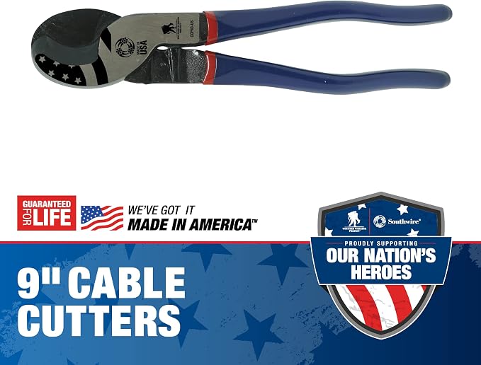 Southwire 9" Cable Cutter Wounded Warrior - Built from American Forged Steel for Tough Jobs - Induction-Hardened Blades - Dipped Comfort Handles - Precision Cable Cutting Tool