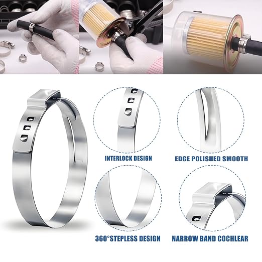 255PCS Hose Clamp Assortment 304 Stainless Steel Hose Clamp Kit,8 Sizes 1/4"-2"(6-51mm) Worm Gear Hose Clamps and 11 Sizes 0.24''-1.3''(6-33.1mm) Single Ear Hose Clamps Kit for Pipe Hose
