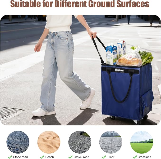 (Medium,Blue) Reusable Grocery Bag on 4 Wheels, 70L Foldable Rolling Tote Bag with 3 Handles and Zipper, Rolling Shopping Cart for Groceries, Storage, Laundry, Travel, Organizer, 76lb