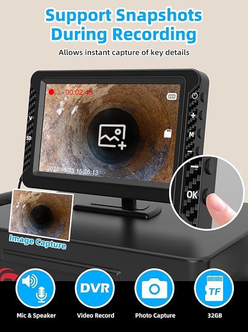 Sanyipace Sewer Camera 100FT,5" HD Screen,18mm Pipeline Inspection Camera with 8 LEDs Light,32GB DVR Function, 1080P IP68 Waterproof Camer for Drain Pipe Plumbing Sewer Line Inspection.