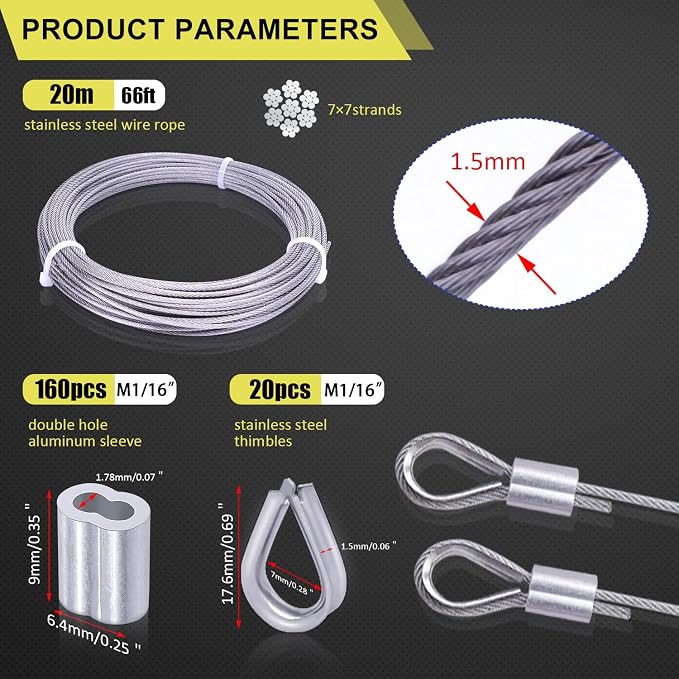 Twidec/Wire Rope Crimping Tool Up To 2.2mm Swaging Tool With 160PCS 1/16''Aluminum Crimping Loop Sleeve And 66FT 1/16'' 304 stainless steel Wire Rope 12PCS Wire Rope Thimbles Kit