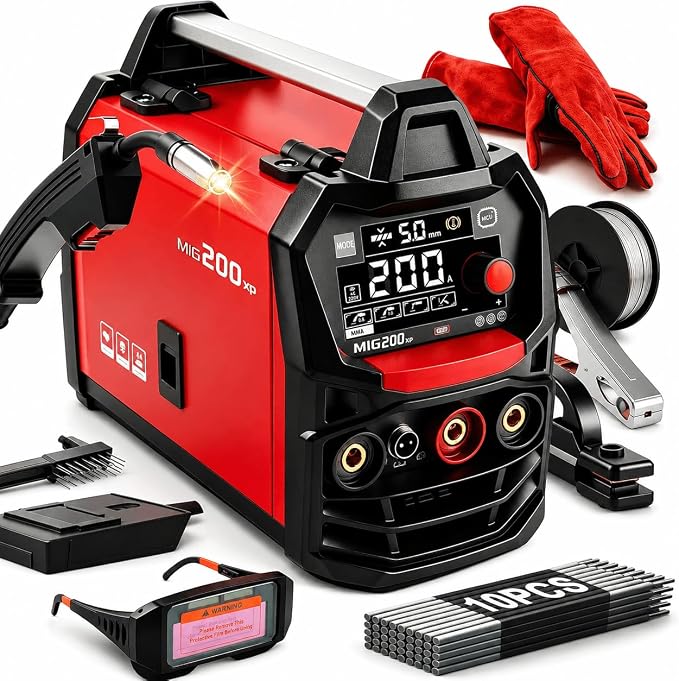 HGNVGZ MIG 200XP 4-in-1 Welder 110V/220V Dual Voltage IGBT | 4-in-1 MIG/TIG/Stick/Spool Gun, Synergic Control, LED Display, for DIY Auto Repair Workshop, Welding Goggles&Gloves Included