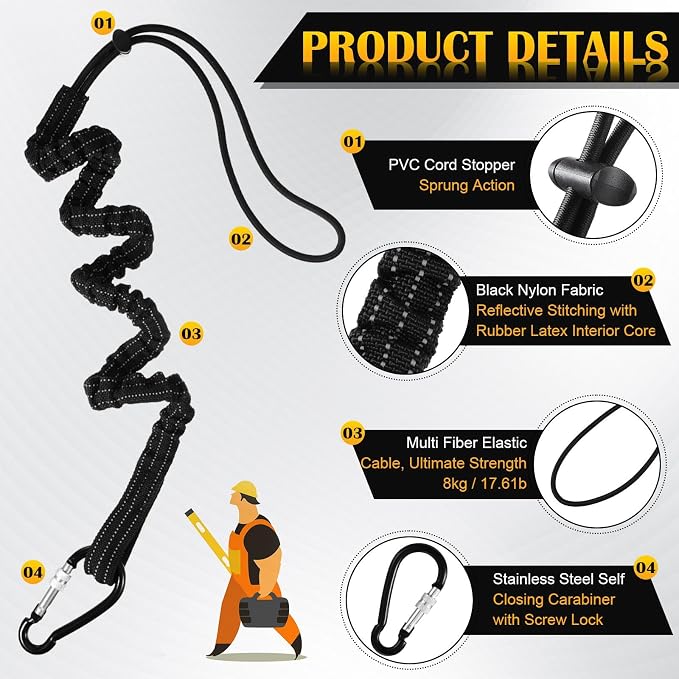 LEIFIDE 50pcs Tool Lanyard Standard Length Safety Tool Leash 17.6lb 8kg Tough Adjustable Fall Protection Tether with Aluminum Screw Lock Buckle, Shock Cord Stopper and Retractable Loop End, Black