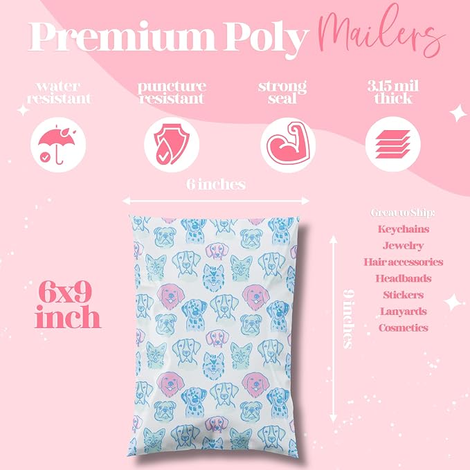Pretty Package Store Poly Mailer 6x9, Pretty Pups, 100 Pack | Heavy Duty, Waterproof, Self Seal, Tear Resistant, Shipping Bags for Small Business Packaging, Bulk Mailing Envelopes