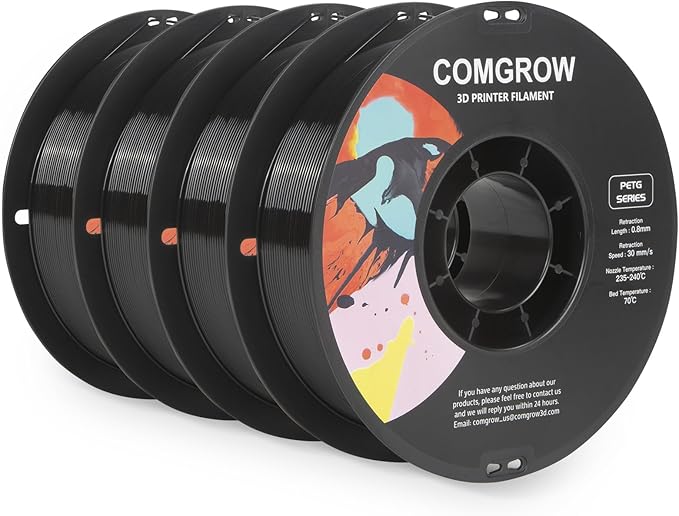 Comgrow PETG 3D Printer Filament 1.75mm, High Precision and Tough 3D Printer Filament 4kg, Dimensional Accuracy +/- 0.02 mm, Fit Most 3D Printers Black