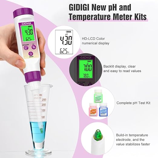 pH Meter for Food, Digital Electronic pH Tester for Fermentation, 3 * 50ml pH Calibration Solution Kits Hot Sauce, Food Tester Probe for Cheese, Sourdough, Salsa, pH Test Strips for Acidity