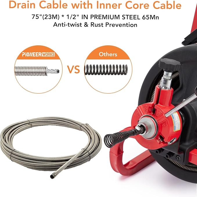 75Ft x 1/2 Inch Drain Cleaner Machine, Electric Drain Snake with 6 Cutters Gloves, Electric Drain Clog Remover Plumbing Tool for 2 to 4 in Pipes, Auto Feed Sewer Snake Auger Drain Auger Cleaner
