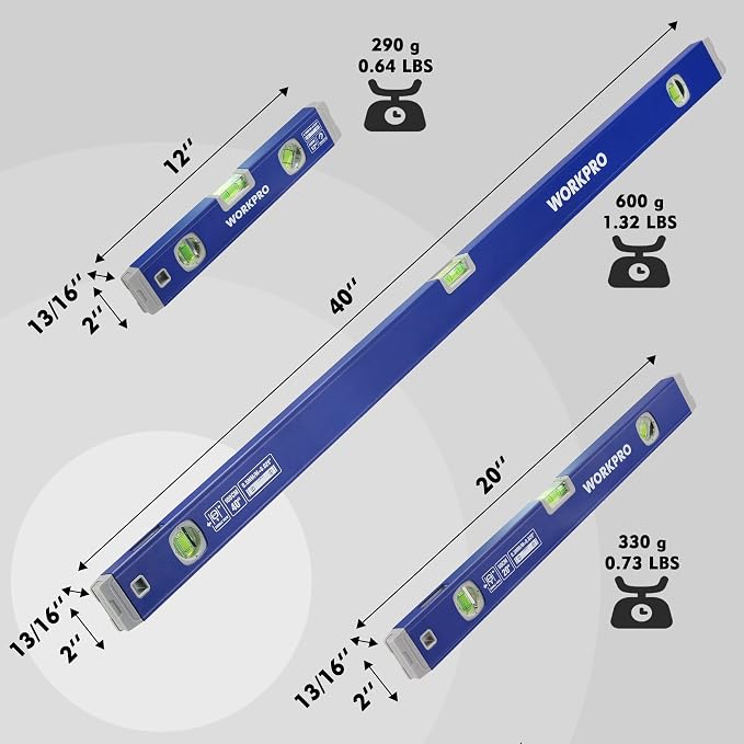 WORKPRO 3-Piece Spirit Level Set (12", 20", 40") with 12" Magnetic Torpedo Level, 45°/90°/180° Bubbles Measuring, Open Top View Design, Aluminum Alloy Levels with Carrying Bag