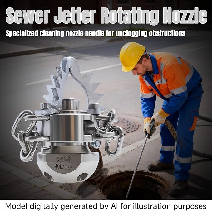 3/8 NPT Sewer Jetter Rotating Nozzle Root, 40L/Min, 360° High Pressure Cleaning Tool (with Detachable Chain), Suitable for Home Drains, Commercial Pipes, Industrial Pipes