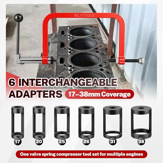 BILITOOLS Valve Spring Compressor Tools with LS Series Adapters, Solid Forged Steel Heavy Duty 8-Piece Universal Kit (17–38mm) for LS & Multi-Engine Valve Service