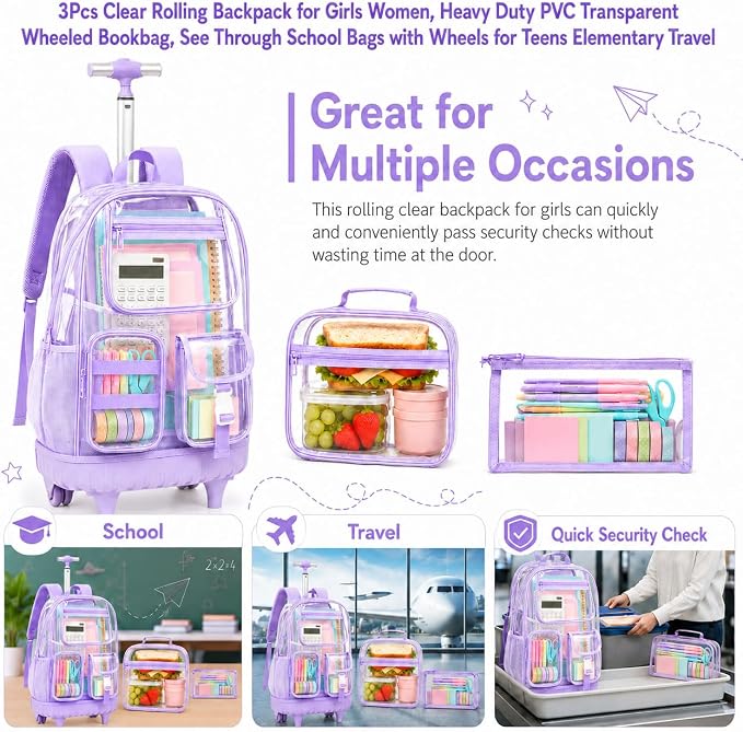CCJPX 3Pcs Clear Rolling Backpack for Girls Women, Heavy Duty PVC Transparent Wheeled Bookbag, See Through School Bags with Wheels for Teens Elementary Travel - Purple
