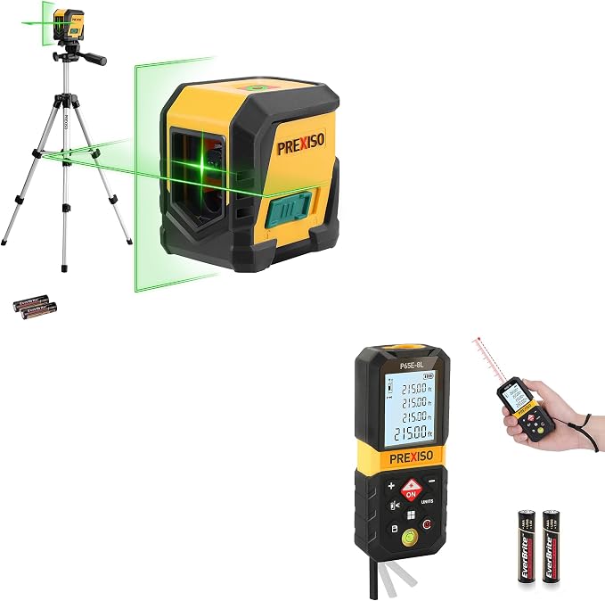 PREXISO 215Ft Laser Measure with Entension for Diagonal Measuring & PREXISO Laser Level with Tripod, 65Ft Self Leveling Cross Line