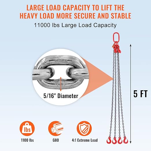 VEVOR Chain Sling, 5/16 Inch X 5 Ft Lifting Chains with Hooks, G80 Engine Chain Hoist Lifts, 11000LBS Lifting Sling Chains for Engine Hoist, Engine Lift Chain 5T with 4 Leg Grab Hooks and Adjusters