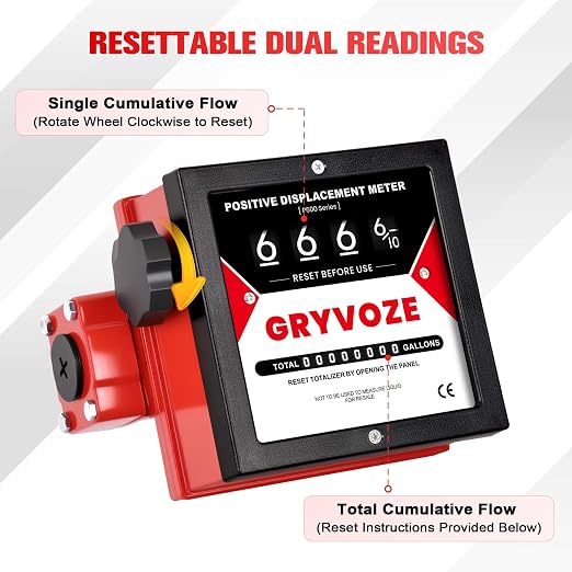 1 Inch Mechanical Fuel Flow Meter, 5–32 GPM Positive Displacement Fuel Pump Meter for Diesel, Gasoline & Oil, Industrial Grade, Gallon Totalizer Counter