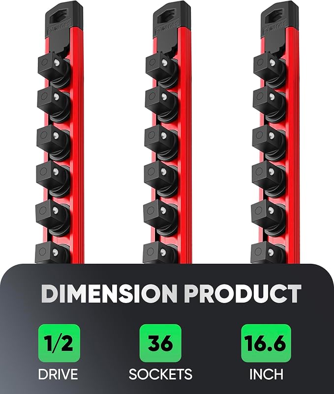 ALOANES Magnetic Socket Organizer Set, 3-Piece Heavy Duty Aluminum Socket Rails, 360° Swivel Clips Socket Rail Kit for Tool Tray Drawer Fit 1/2-Inch x 36 Clips (Red, 3PC)