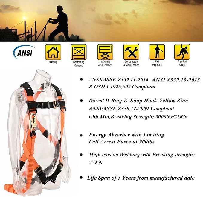 2-PACK 1D-Ring Industrial Fall Protection Safety Harness with 6-Foot Shock Absorber Stretchable Lanyard | Permanent attached Kit | ANSI Compliant Personal Fall Arrest System(PFAS)