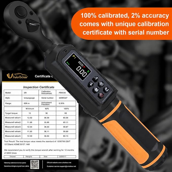 Uharbour Digital Torque Wrench 3/8" Drive, 0.66-44.29Ft.lbs/0.9-60Nm Range, Electric Torque Wrench with Dual Direction Ratchet, ±1% Accuracy with Vibration, Buzzer and LED Alert