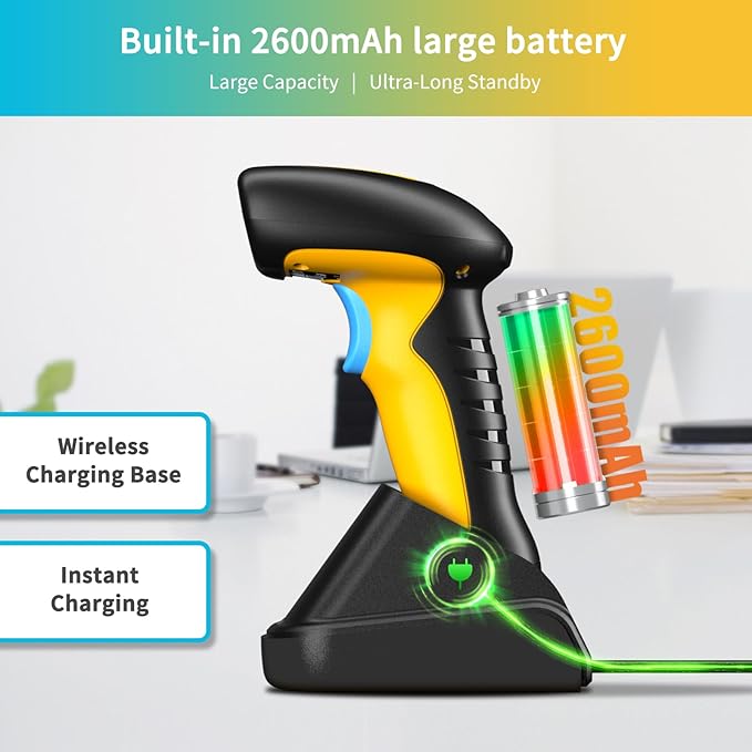 NETUM Upgraded QR Industrial Bluetooth Barcode Scanner with Charging Dock, Wireless 2D 1D Bar Code Reader 2600mAh Drop Protection Shock Dust Proof Hands Free for Windows Mac Android iOS (RD-1200)