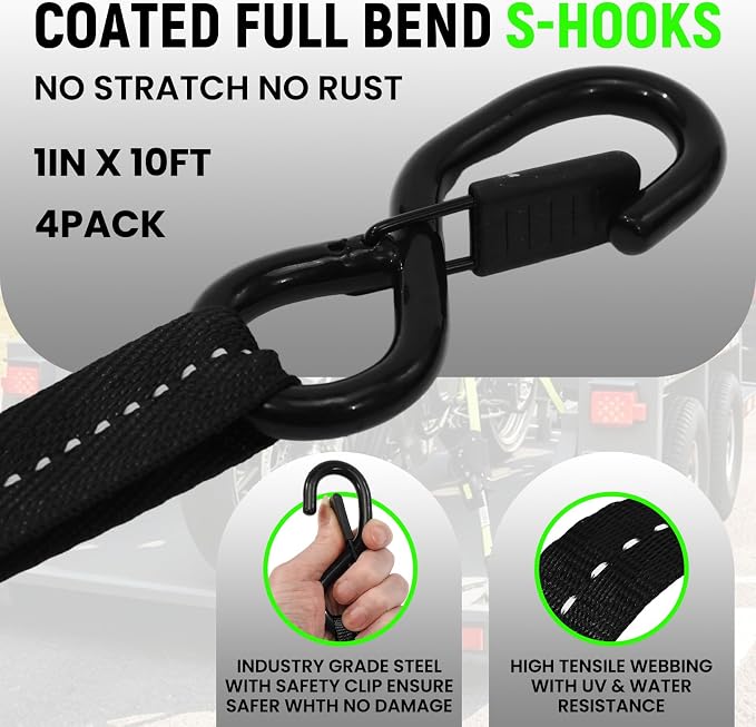 Retractable Ratchet Straps (Patented-2pack) - 1 inch x 10Feet (1,800lb Break Strength) Auto Self Retracting Tie Down Straps - Self Retractable Straps with Refletcive for Motorcyle, Truck or Cargo