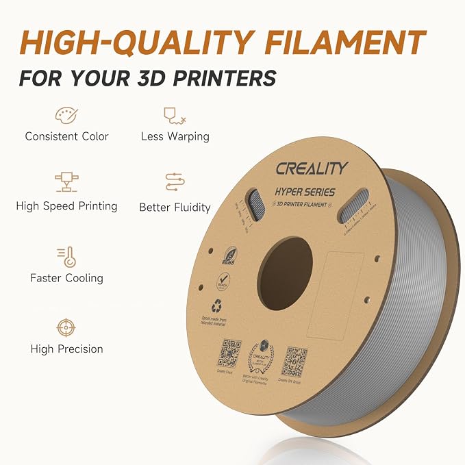 Official CREALITY Hyper PLA Filament 1.75mm Grey & Grey 2KG, 30-600mm/s Rapid High Speed PLA 3D Printer Filament, 2 Pack 1kg Spool(2.2lbs) PLA, Dimensional Accuracy +/-0.02mm, Fit Most FDM 3D Printers