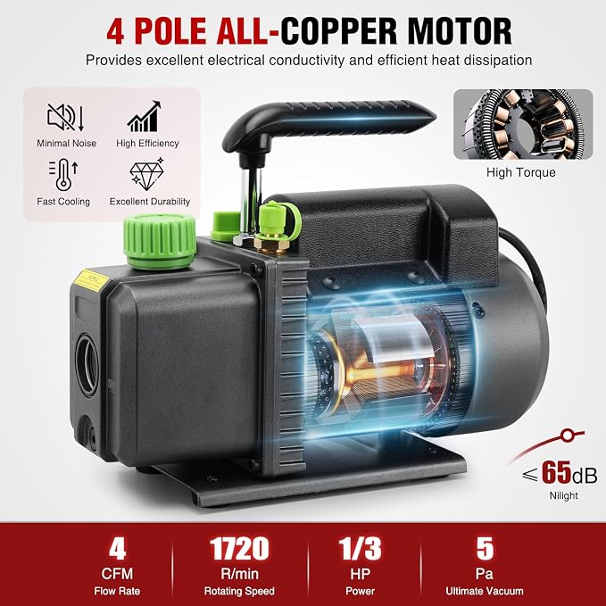 Nilight 4 CFM Vacuum Pump HVAC, 1/3 HP 110V Single Stage AC Vacuum Pumps Kit for R22 R404a R134a R410a, 5 Pa Ultimate Vacuum for Auto Air Conditioning Servicing Refrigerant Recharging, Oil Included