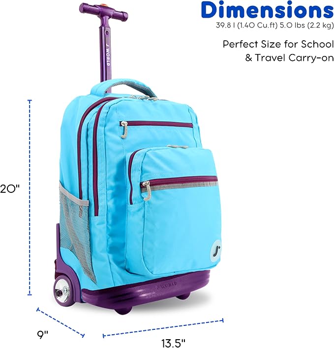 J World Sundance Laptop Rolling Backpack for Girls Boys. Roller Bookbag with Wheels, 20 Inch, Sky Blue
