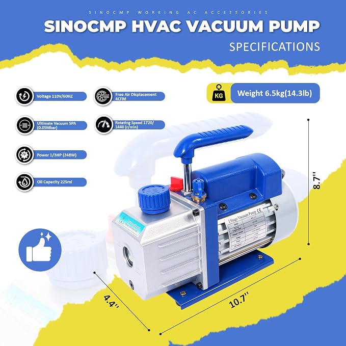 AC Manifold Gauge Set Kit 3-Way Valve, 4CFM Single Stage 110V 1/3 HP HVAC Vacuum Pump with Leak Detector for R134a R410a R12 R22 Air Conditioning Refrigeration Recharging