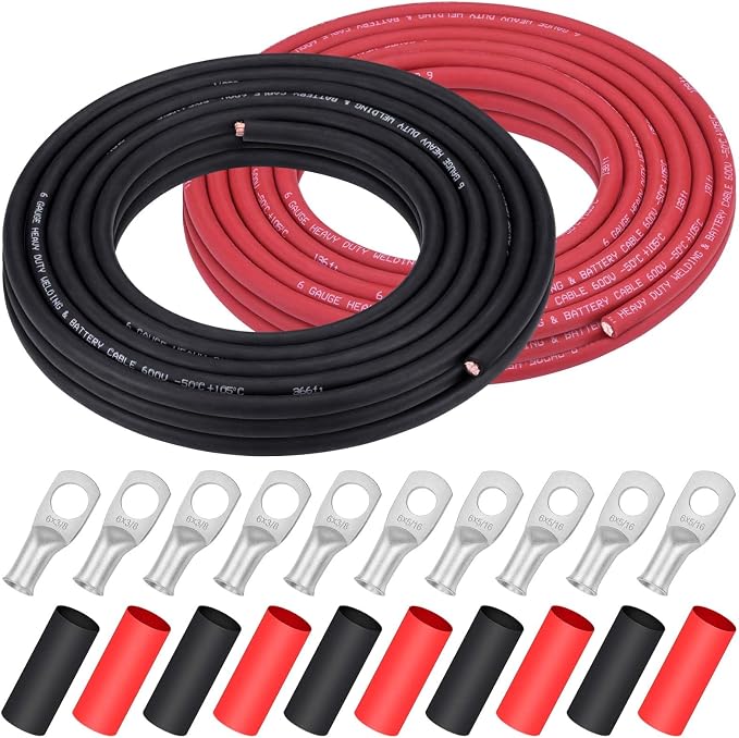 iGreely 6 Gauge 6 AWG Wire 30 Feet Black + 30 Feet Red Welding Battery Pure Copper Ultra Flexible Cable + 5pcs of 5/16" & 5pcs 3/8" Copper Cable Lug Terminal Connectors+Heat Shrink Tubing