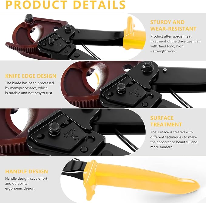 Upgraded Blade Ratchet Cable Cutters Heavy Duty Tool for Aluminum Copper and Electrical Wire up to 240mm² (Yellow)