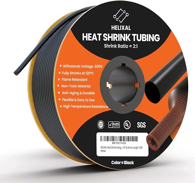 1/4" 6.4mm HELIXAL 2:1 Heat Shrink Tubing, Electrical Industrial Shrink Tube for Wire Insulation, Shrink Wrap Tubing, Electrical Insulation, Flame Retardant Cable Management Spool 120ft